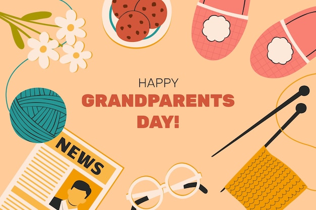 Плоский день бабушек и дедушек с вязальными спицами и тапочками