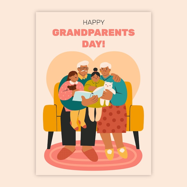 Flat grandparents day greeting card template with family
