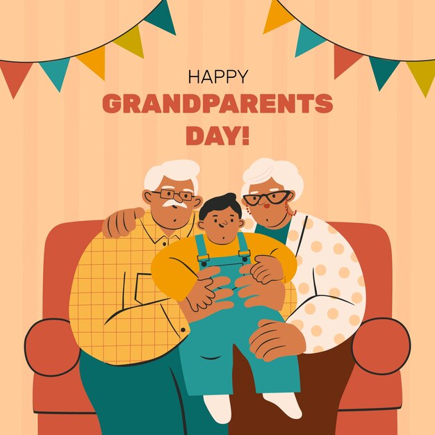 Flat grandparents day illustration with grandchild posing with grandparents on sofa