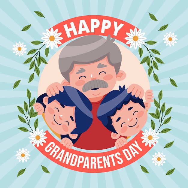 Бесплатное векторное изображение Плоская иллюстрация дня бабушек и дедушек с дедушкой и внуками