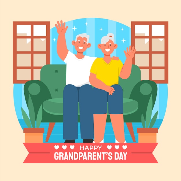 Illustrazione piatta del giorno dei nonni con una coppia di anziani sul divano che fluttua