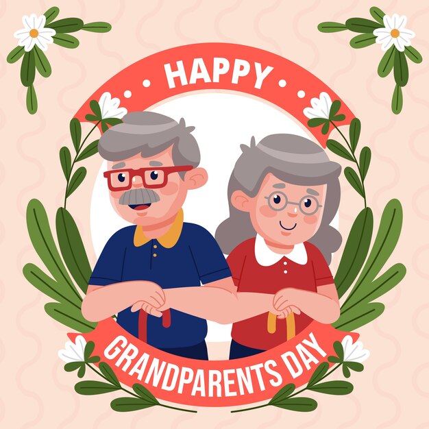 年配のカップルとフラット祖父母の日のイラスト