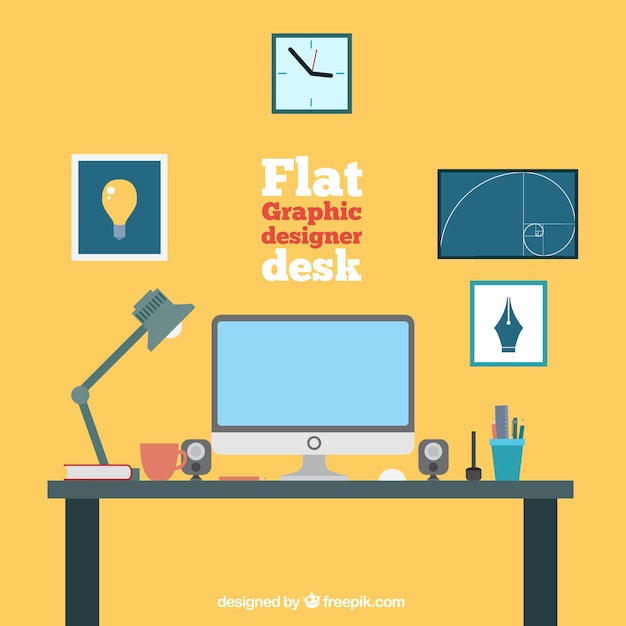 Free vector flat graphic designer desk collection