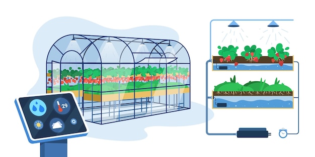 Free vector flat greenhouse with technology for growing or automation watering plants