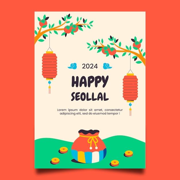 Flat greeting card template for korean seollal holiday