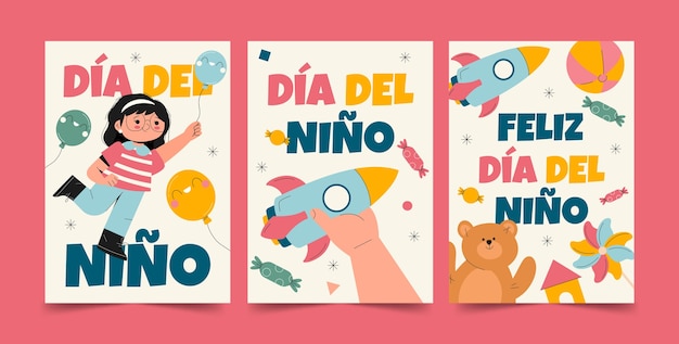 Free vector flat greeting cards collection for children's day celebration in spanish