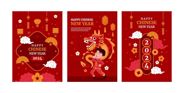 Free vector flat greeting cards collection for chinese new year festival