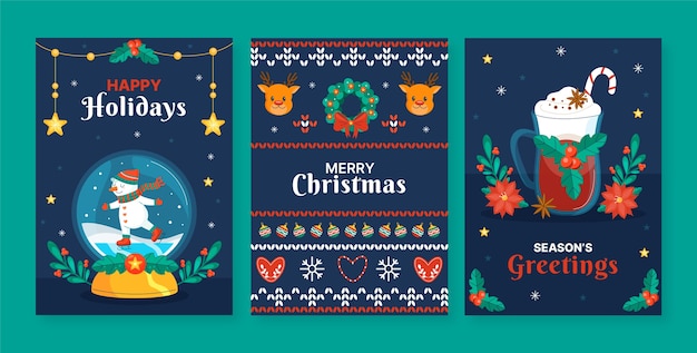 Flat greeting cards collection for christmas season celebration with snow globe and hot drink