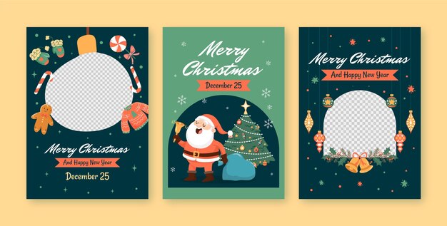 Flat greeting cards collection for christmas season celebration with