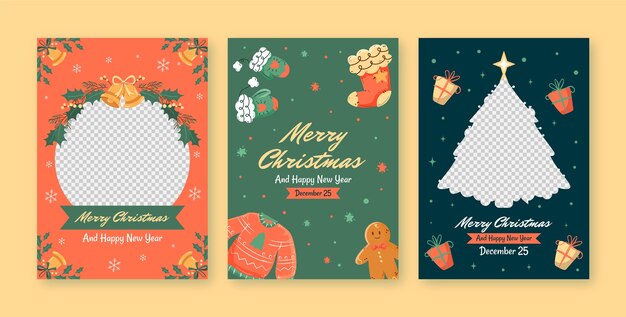 Flat greeting cards collection for christmas season celebration with