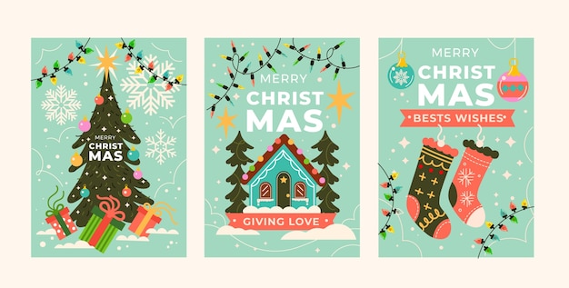 Коллекция плоских поздравительных открыток для празднования Рождества