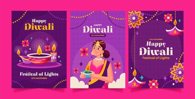 Vettore gratuito collezione di cartoline d'auguri piatte per la celebrazione del festival di diwali