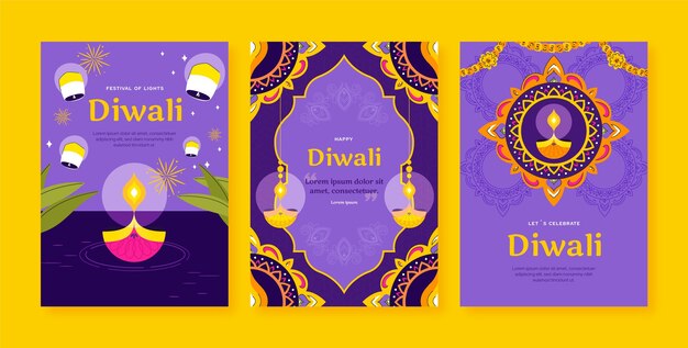 ディワリ ヒンズー教の祭りのお祝いのためのフラット グリーティング カード コレクション