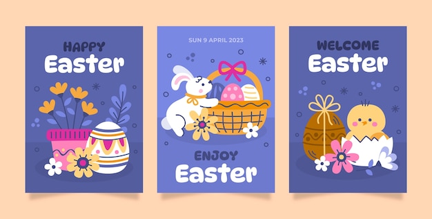 Free vector flat greeting cards collection for easter holiday celebration