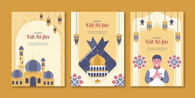 Flat greeting cards collection for eid al-fitr celebration