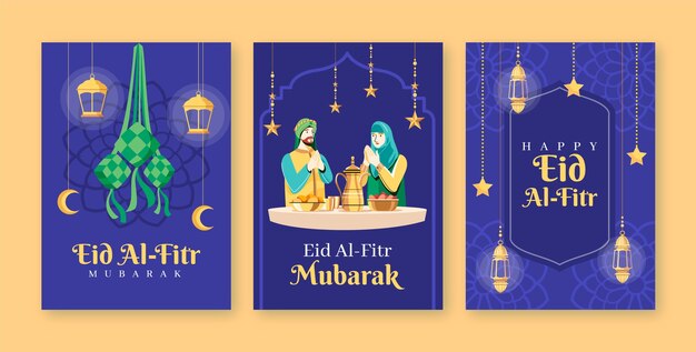 Free vector flat greeting cards collection for eid al-fitr celebration