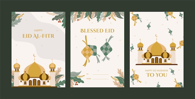 Free vector flat greeting cards collection for eid al-fitr celebration