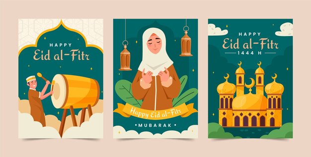 Плоская коллекция поздравительных открыток для празднования ид аль-фитр