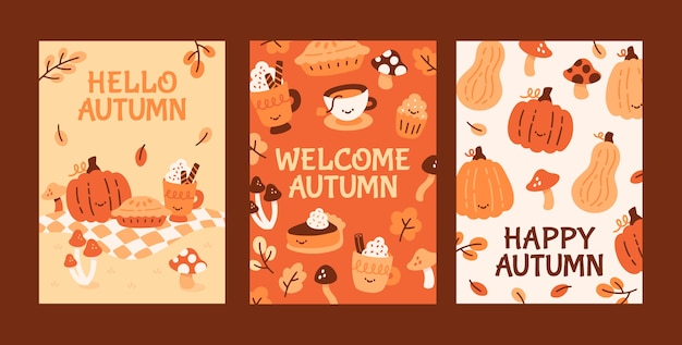 Flat greeting cards collection for fall season celebration