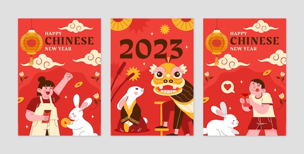 Бесплатное векторное изображение Плоская коллекция поздравительных открыток для празднования китайского нового года