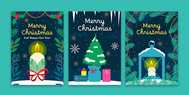 무료 벡터 촛불과 나무로 크리스마스 시즌 축하를 위한 플랫 인사말 카드 컬렉션