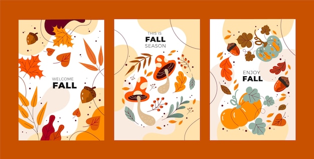 Бесплатное векторное изображение Коллекция плоских поздравительных открыток для празднования осеннего сезона