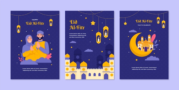 무료 벡터 이슬람 eid al-fitr 축하를 위한 플랫 인사말 카드 컬렉션