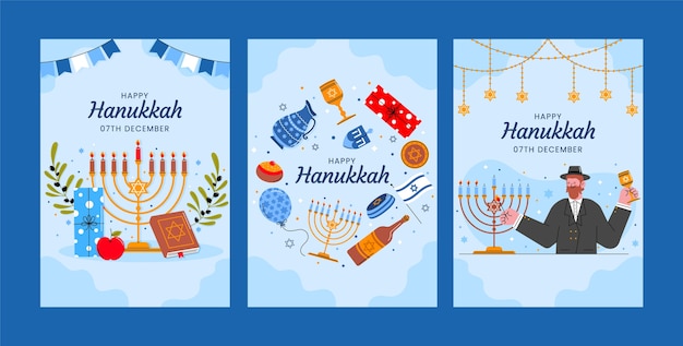 無料ベクター ユダヤ人のハヌッカの祝祭のためのフラットグリーティングカードのコレクション
