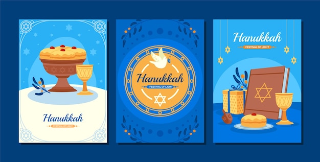 無料ベクター ユダヤ人のハヌカの休日のためのフラット グリーティング カード コレクション
