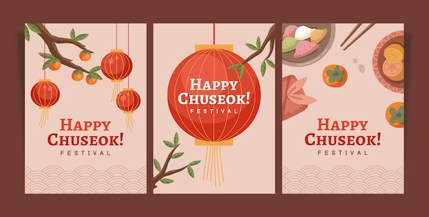 Плоская коллекция поздравительных открыток для празднования корейского фестиваля чусок