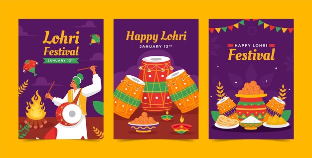 Бесплатное векторное изображение Коллекция плоских поздравительных открыток для празднования фестиваля лохри