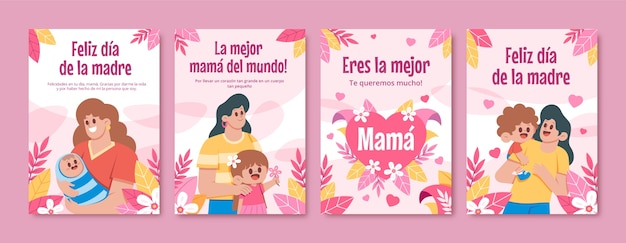 Бесплатное векторное изображение Коллекция плоских поздравительных открыток для празднования дня матери