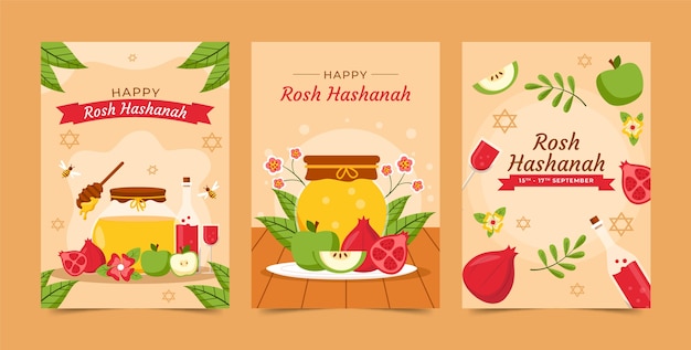 無料ベクター ロシュ ハシャナ ユダヤ人の新年のお祝いのためのフラット グリーティング カード コレクション
