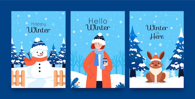 Коллекция плоских поздравительных открыток на зимний сезон со снеговиком и кроликом