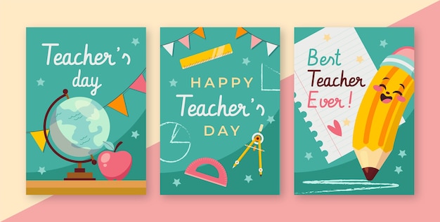 Бесплатное векторное изображение Коллекция плоских поздравительных открыток ко всемирному дню учителя