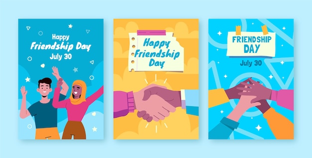 Free vector flat greeting cards collection for friendship day celebration