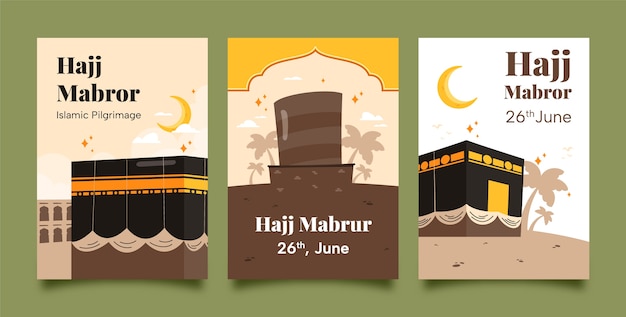 Vettore gratuito collezione di biglietti d'auguri piatti per il pellegrinaggio islamico hajj