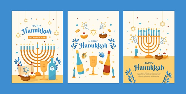메노라와 와인병을 곁들인 하누카 축하를 위한 플랫 인사말 카드 컬렉션