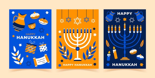 Vettore gratuito collezione di biglietti d'auguri piatti per la celebrazione di hanukkah