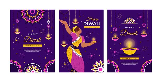 Flat greeting cards collection for hindu diwali festival celebration