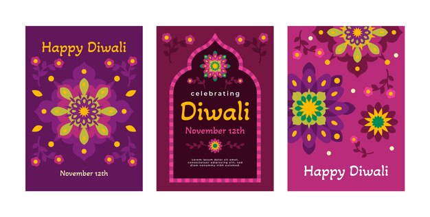 Flat greeting cards collection for hindu diwali festival celebration