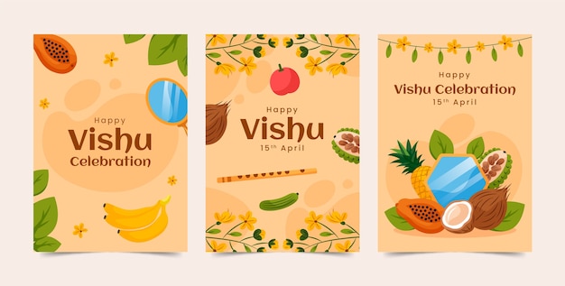 Free vector flat greeting cards collection for hindu vishu festival celebration