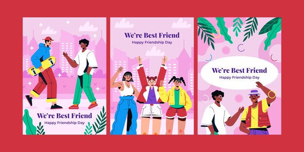 Free vector flat greeting cards collection for international friendship day celebration