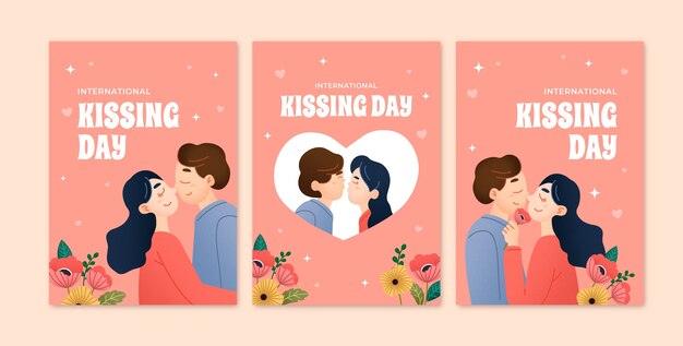 Flat greeting cards collection for international kissing day celebration