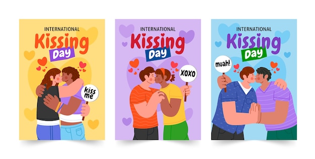 Free vector flat greeting cards collection for international kissing day celebration