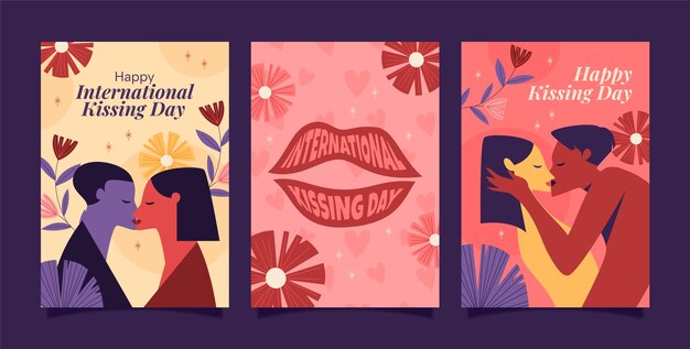 Free vector flat greeting cards collection for international kissing day celebration