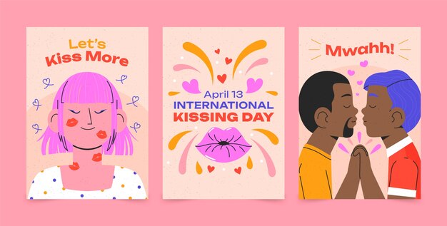 Flat greeting cards collection for international kissing day celebration