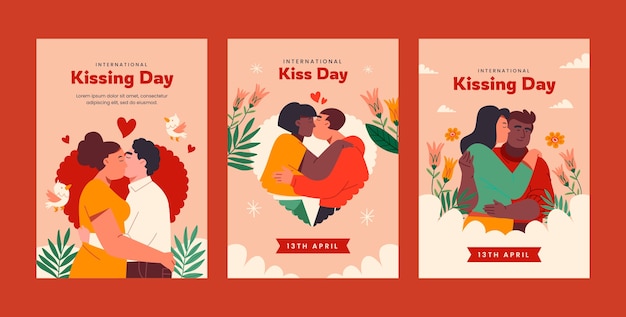 Free vector flat greeting cards collection for international kissing day