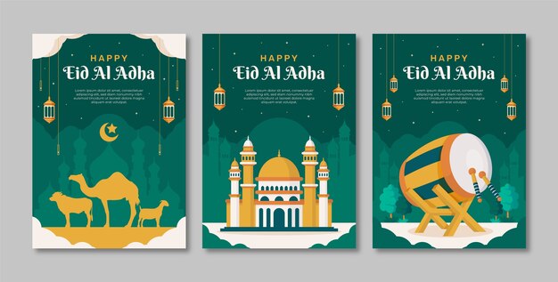 Flat greeting cards collection for islamic eid al-adha celebration
