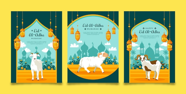 Free vector flat greeting cards collection for islamic eid al-adha celebration